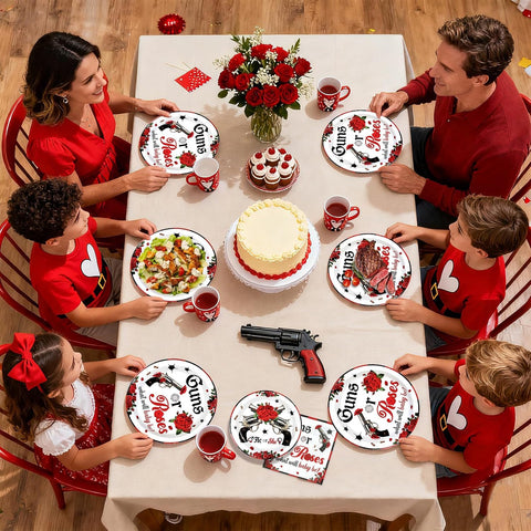 Kids at the gender reveal table with the Guns or Roses plates