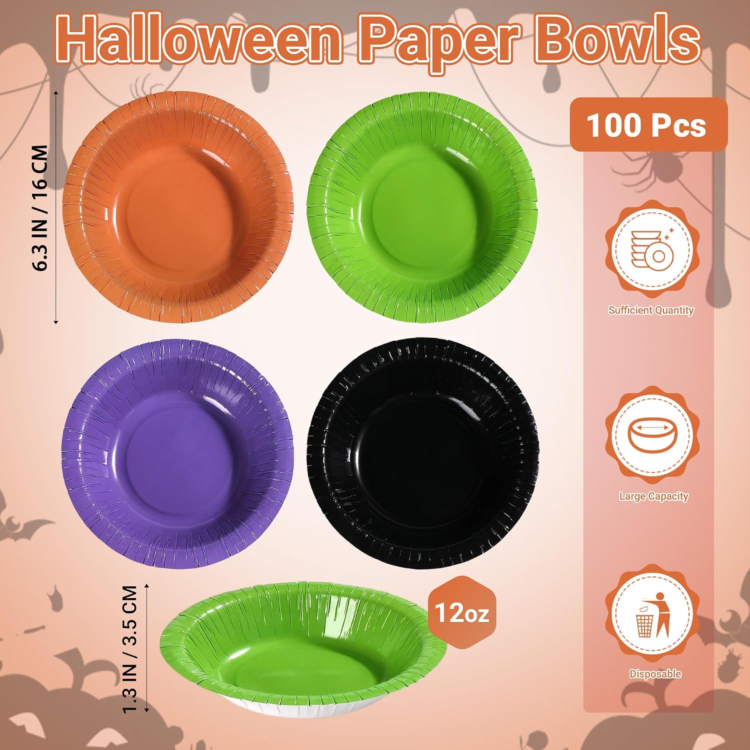Orange, green, purple and black Halloween paper bowls 12 oz