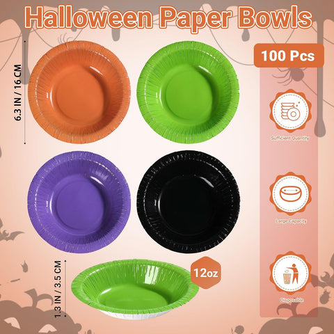 Orange, green, purple and black Halloween paper bowls 12 oz