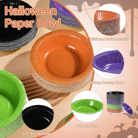 Close up of the orange and purple Halloween bowls with popcorn