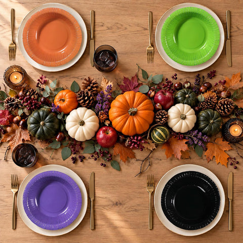 Halloween party table styled with the coloured paper bowls