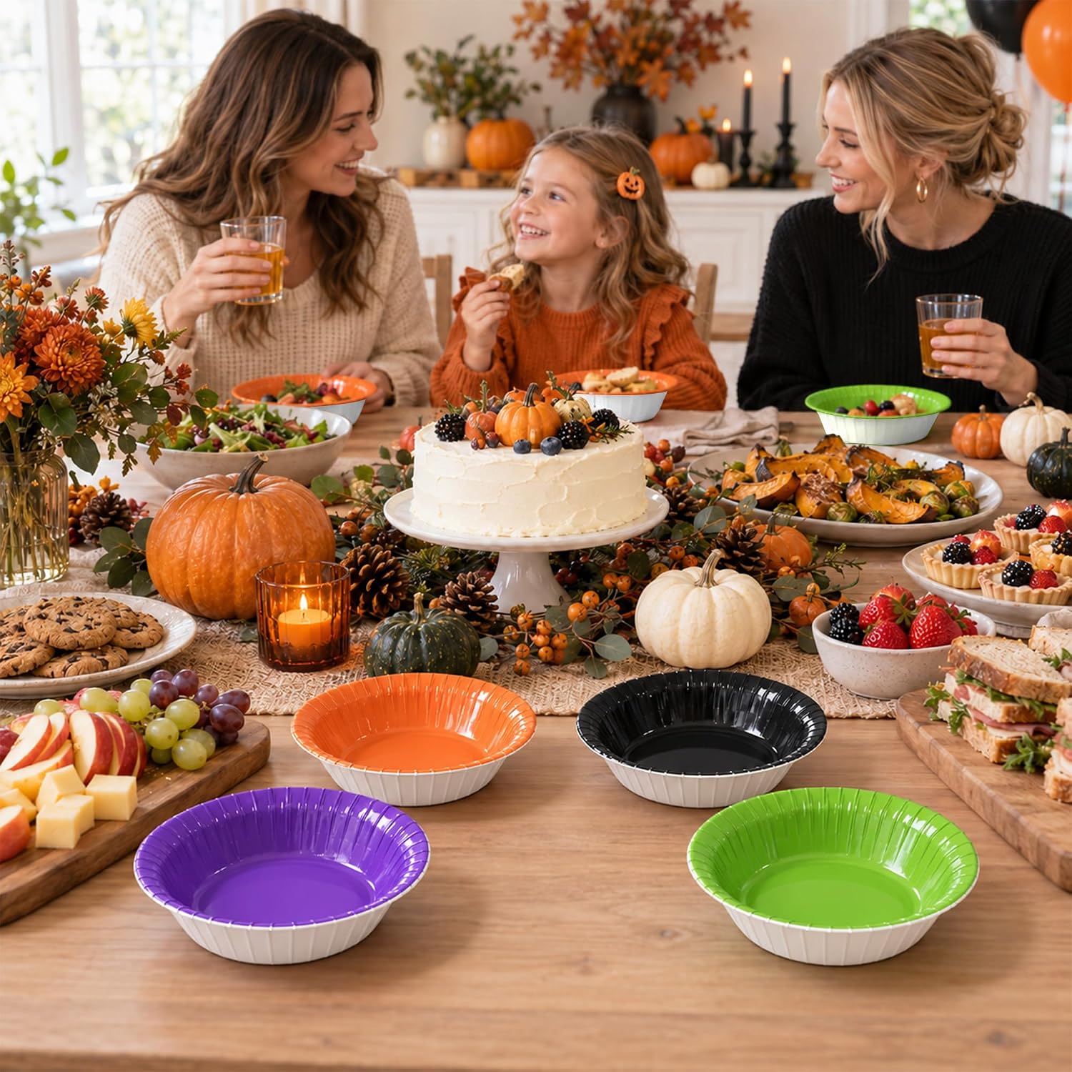 Guests serving food in the 12oz Halloween paper bowls