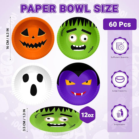 Full pack of 60 Halloween character paper bowls