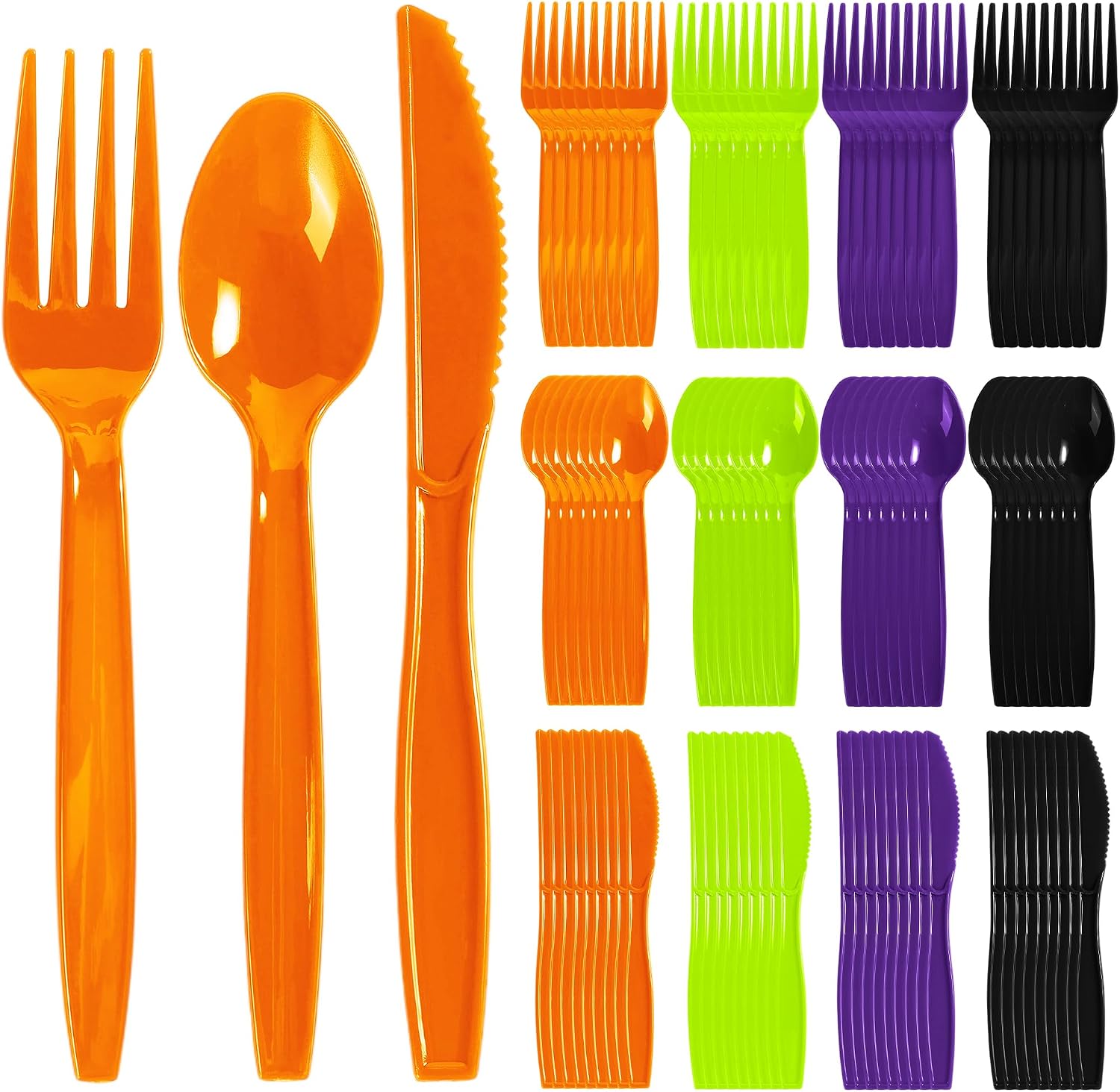 Grencian 300Pcs Halloween Disposable Plastic Cutlery Set 4 Colors