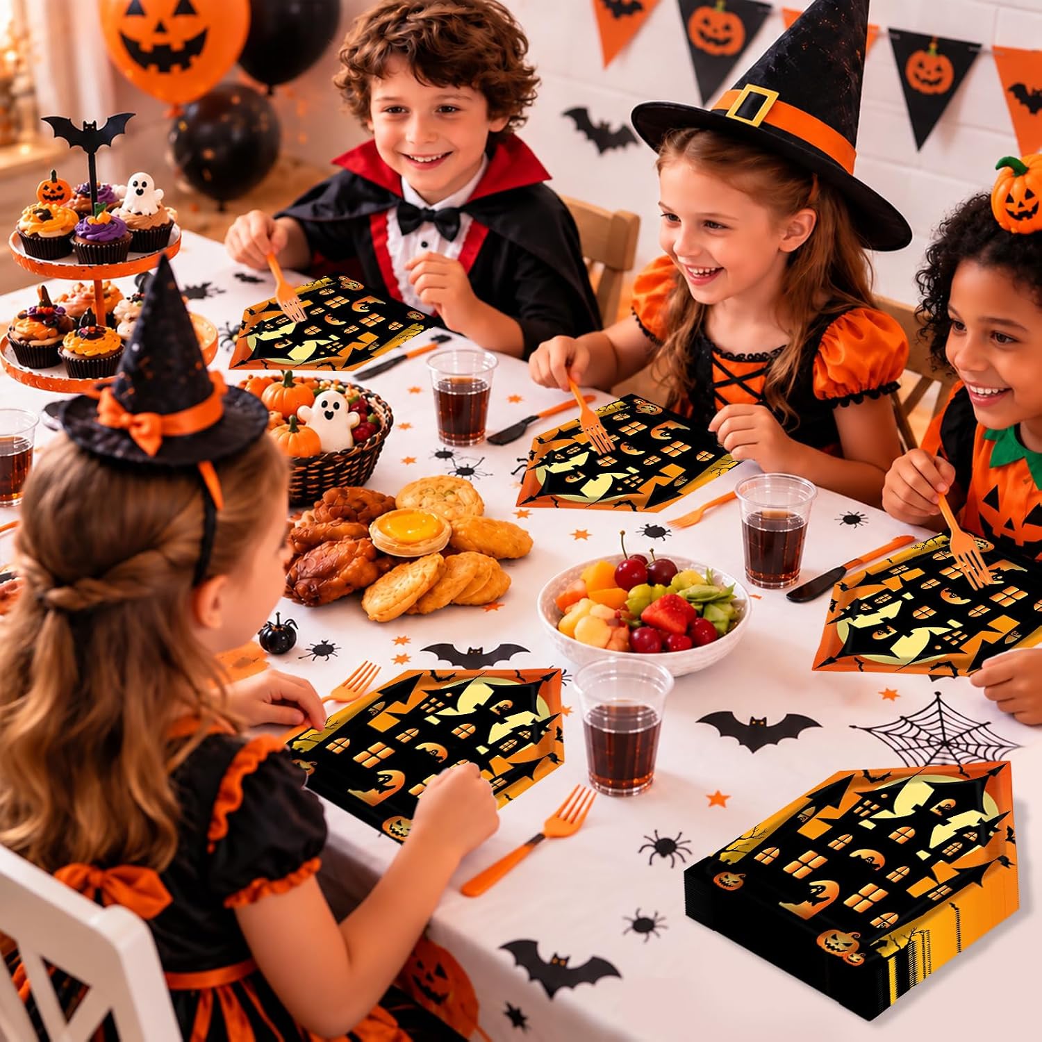 Dessert spread served on the Halloween castle plates