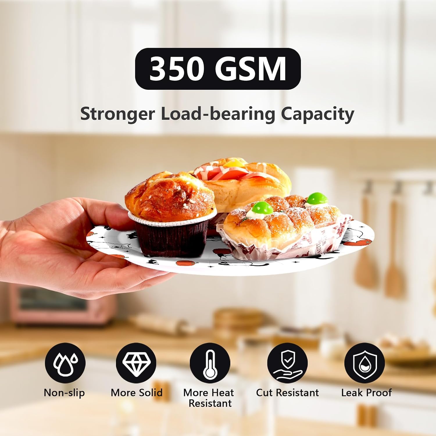 350 GSM heavyweight Halloween cat plates holding cupcakes