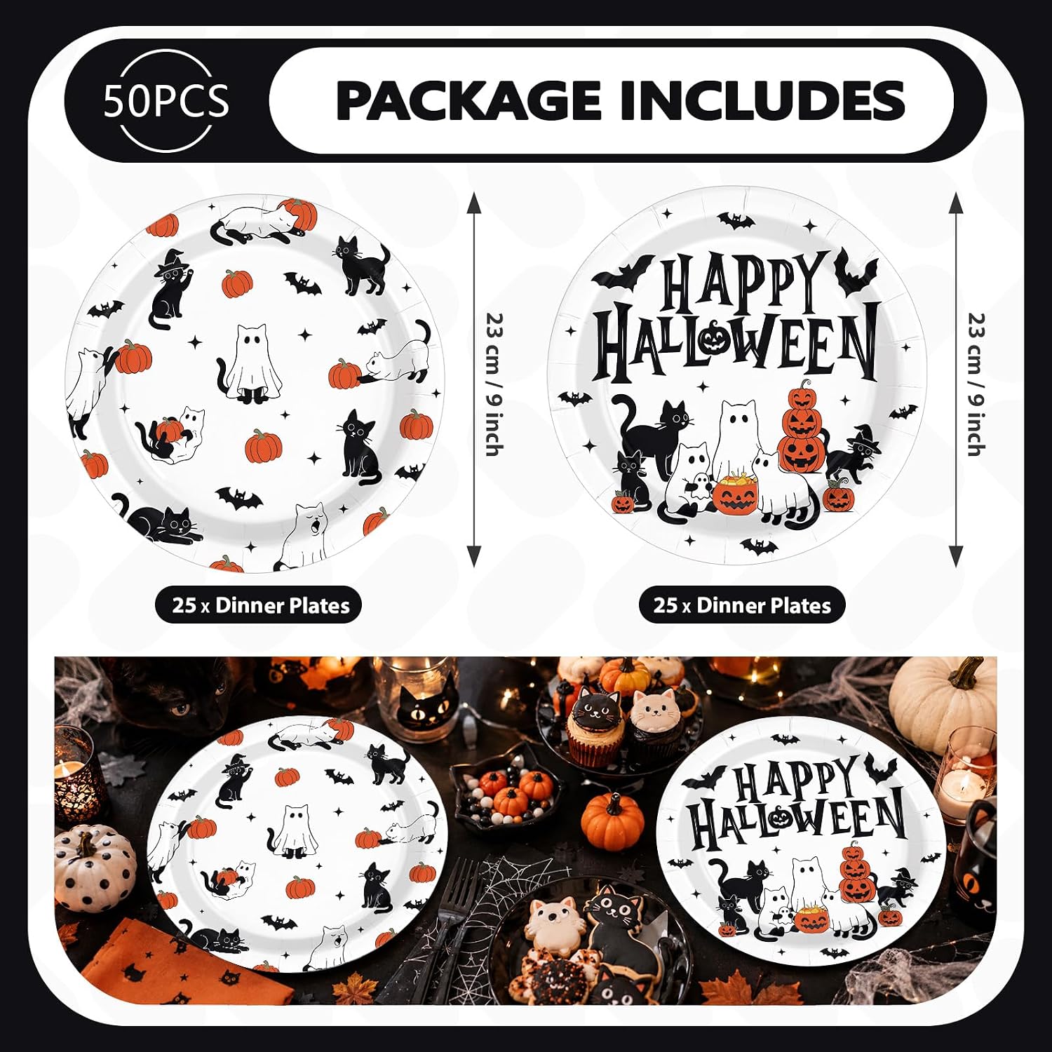 Package contents of the two Halloween cat plate designs