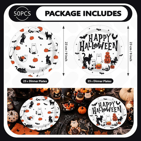 Package contents of the two Halloween cat plate designs