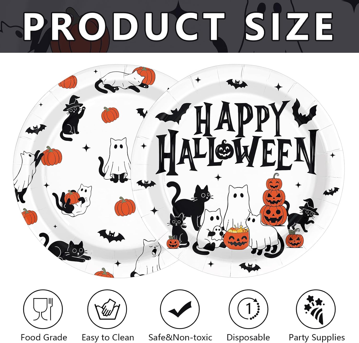 Product size of the 9 inch Halloween cat paper plates