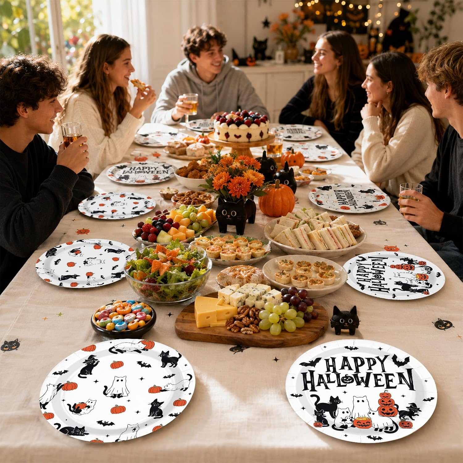 Dinner table set with the Halloween black cat plates