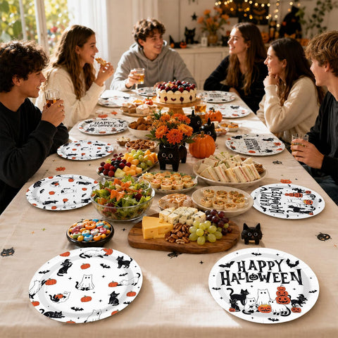 Dinner table set with the Halloween black cat plates