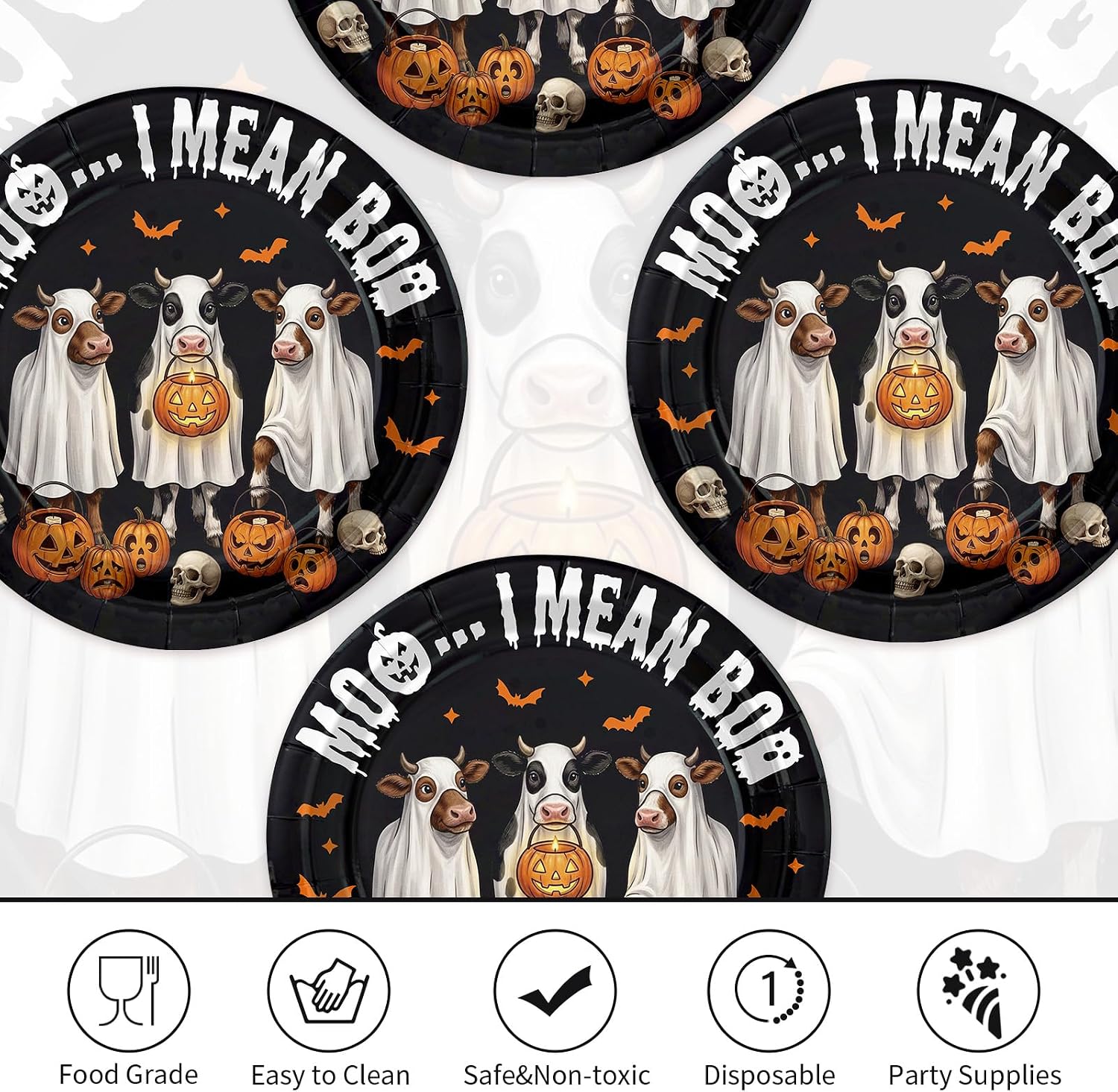 Three Halloween ghost cow plates with Moo I Mean Boo lettering