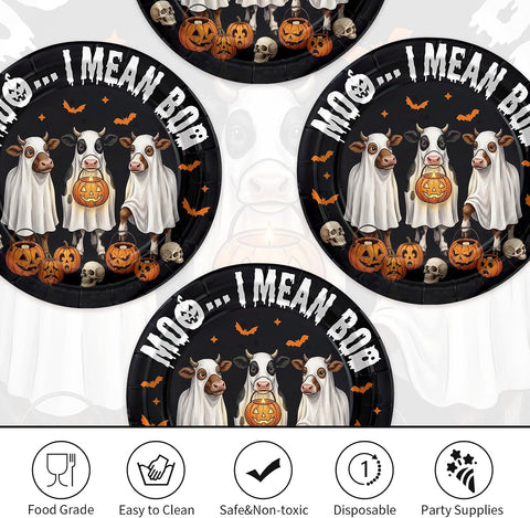 Three Halloween ghost cow plates with Moo I Mean Boo lettering