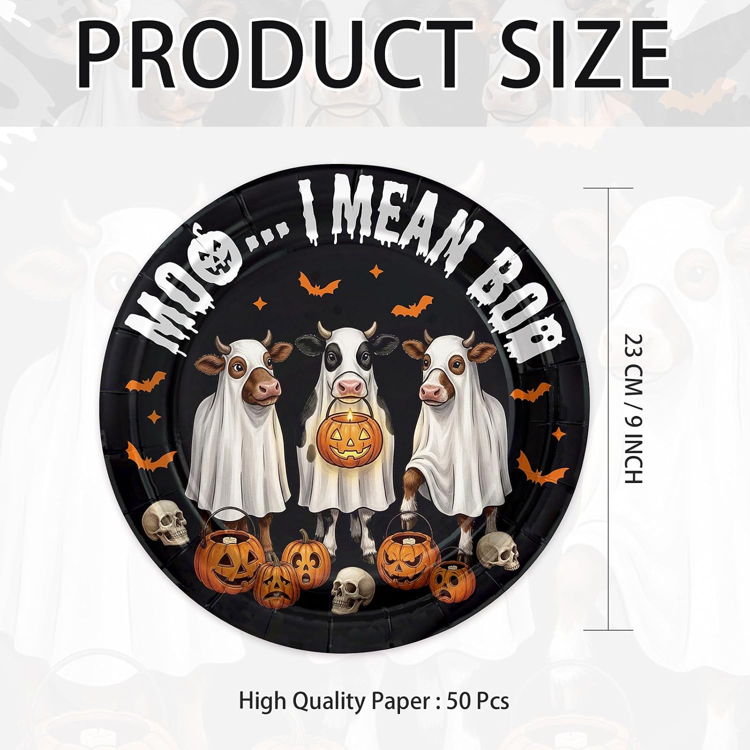 Product size of the 9 inch skeleton cow paper plates