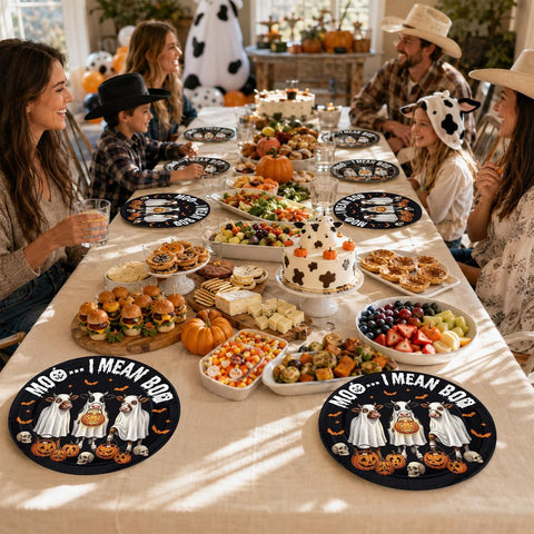 Fall Halloween table styled with the ghost cow plates