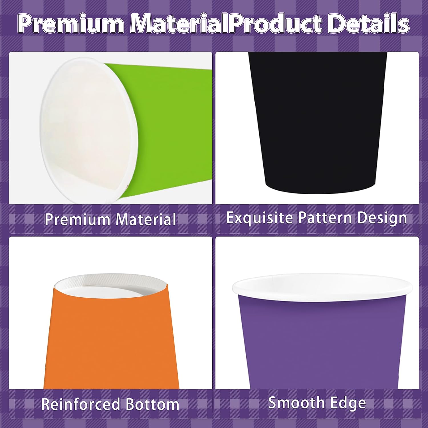 Orange green black and purple paper cups flat lay
