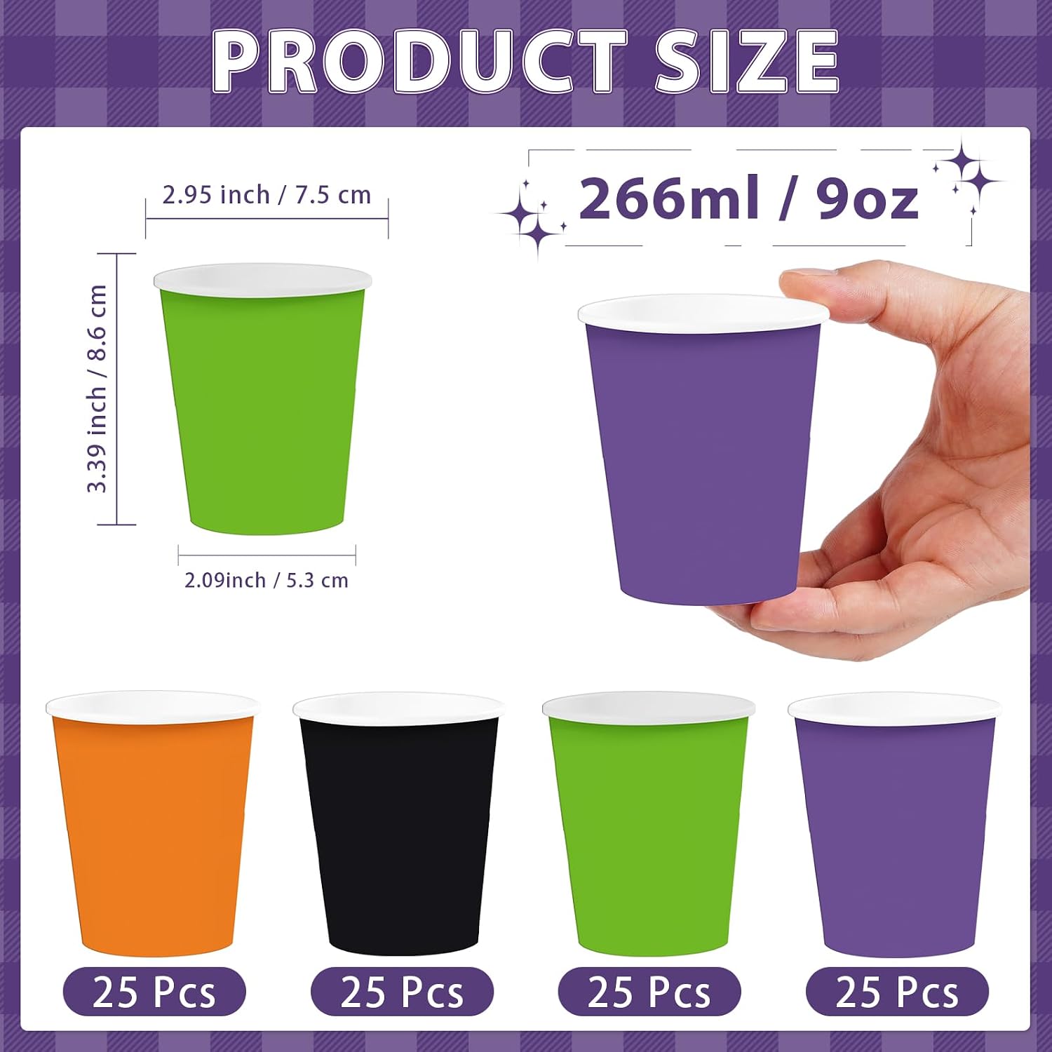 Product size of the 9oz Halloween paper cups