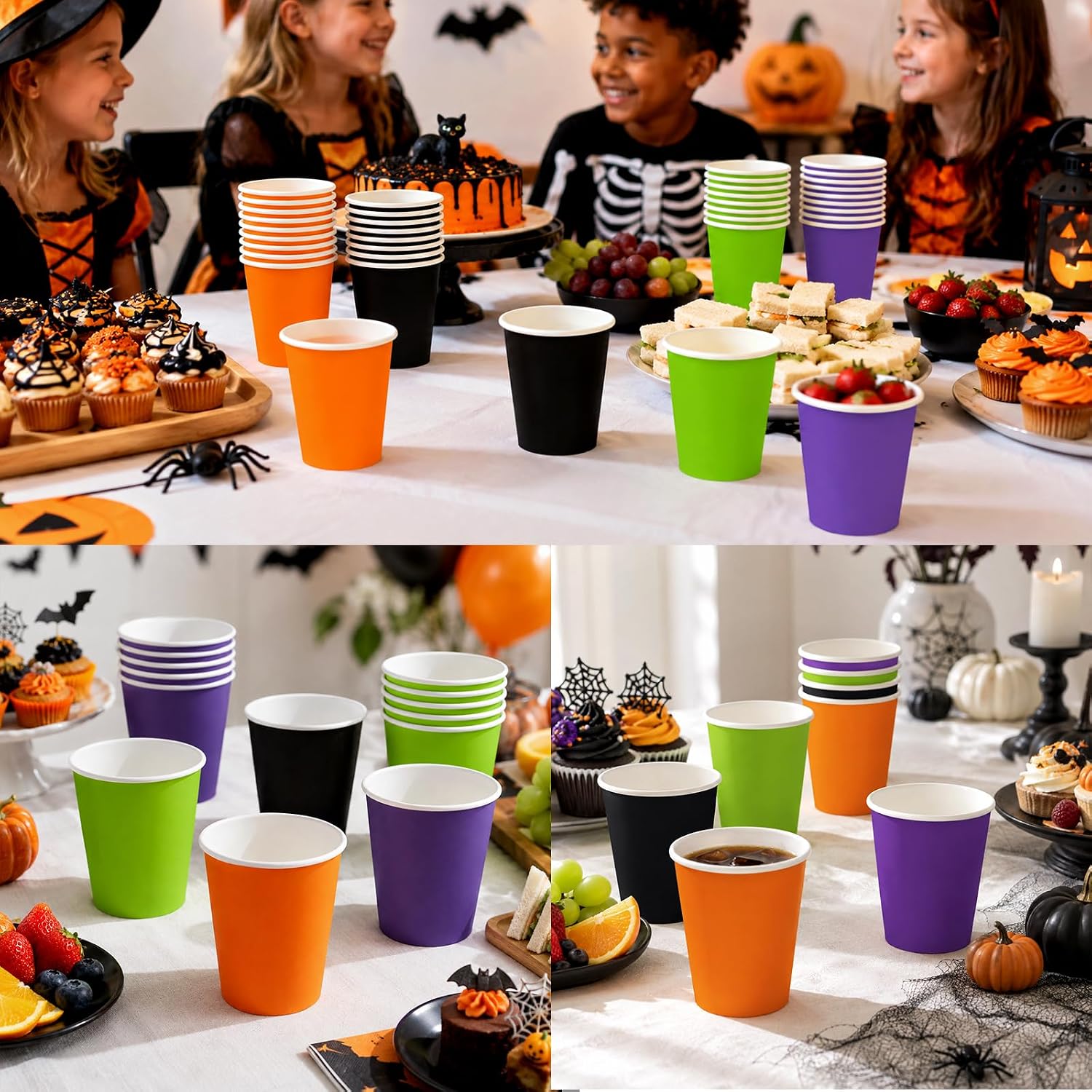 Halloween cups styled on a party drinks table