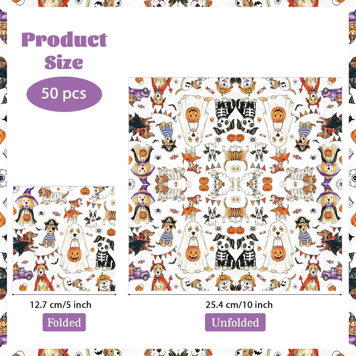 Spooky puppy cocktail napkins flat lay on navy