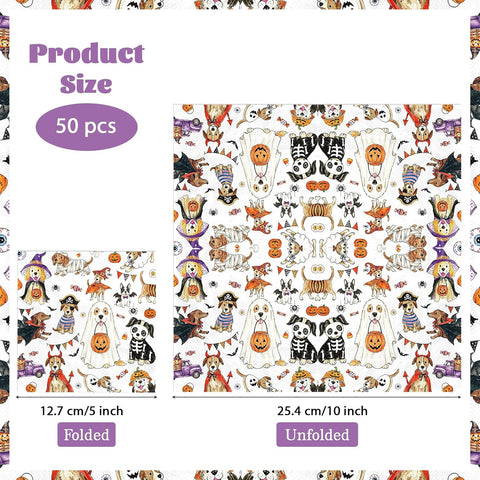 Spooky puppy cocktail napkins flat lay on navy