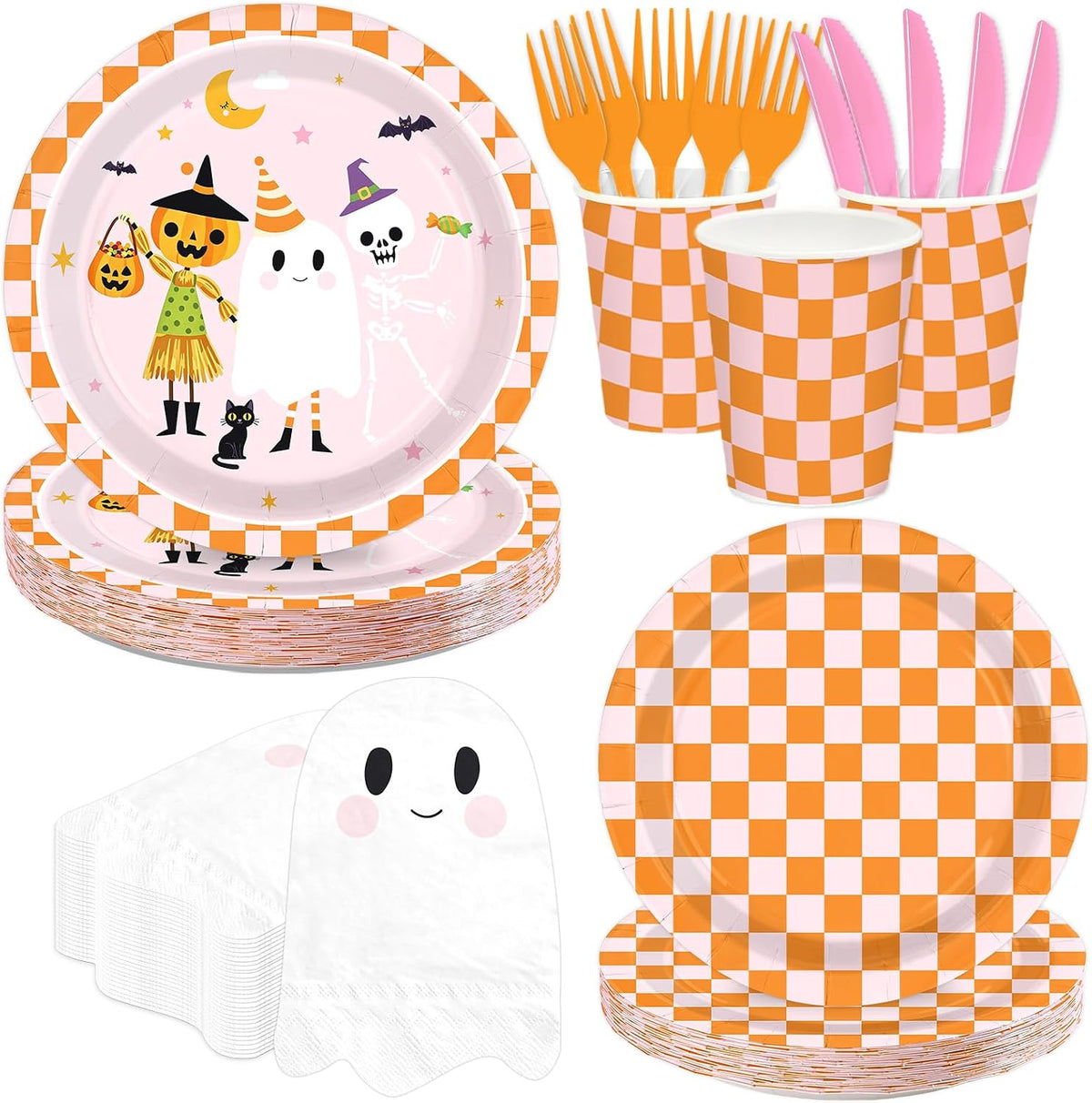 Grencian 144Pcs pink orange Halloween ghost tableware set