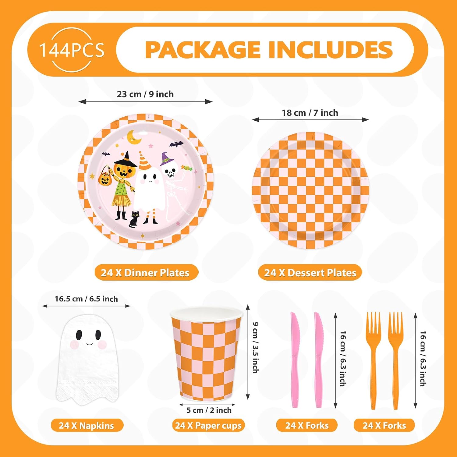 Package contents of the 144Pcs Halloween ghost party set