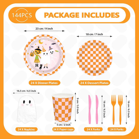 Package contents of the 144Pcs Halloween ghost party set