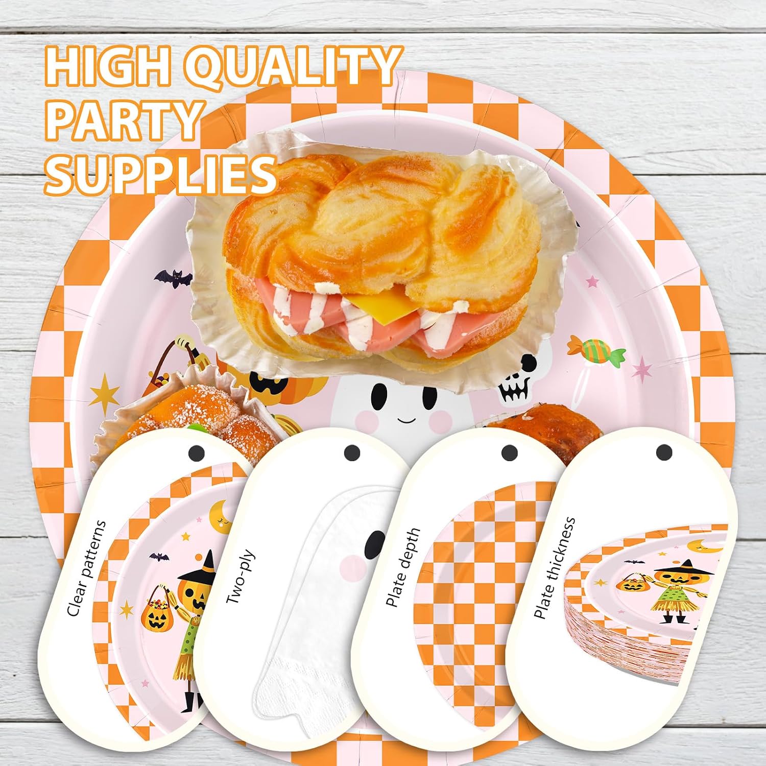 Ghost shaped plates and gingham plates with napkins and cups