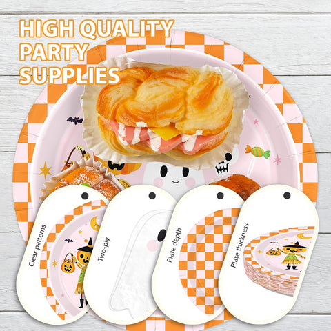 Ghost shaped plates and gingham plates with napkins and cups