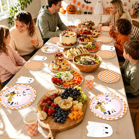 Halloween party table set with the ghost and gingham tableware