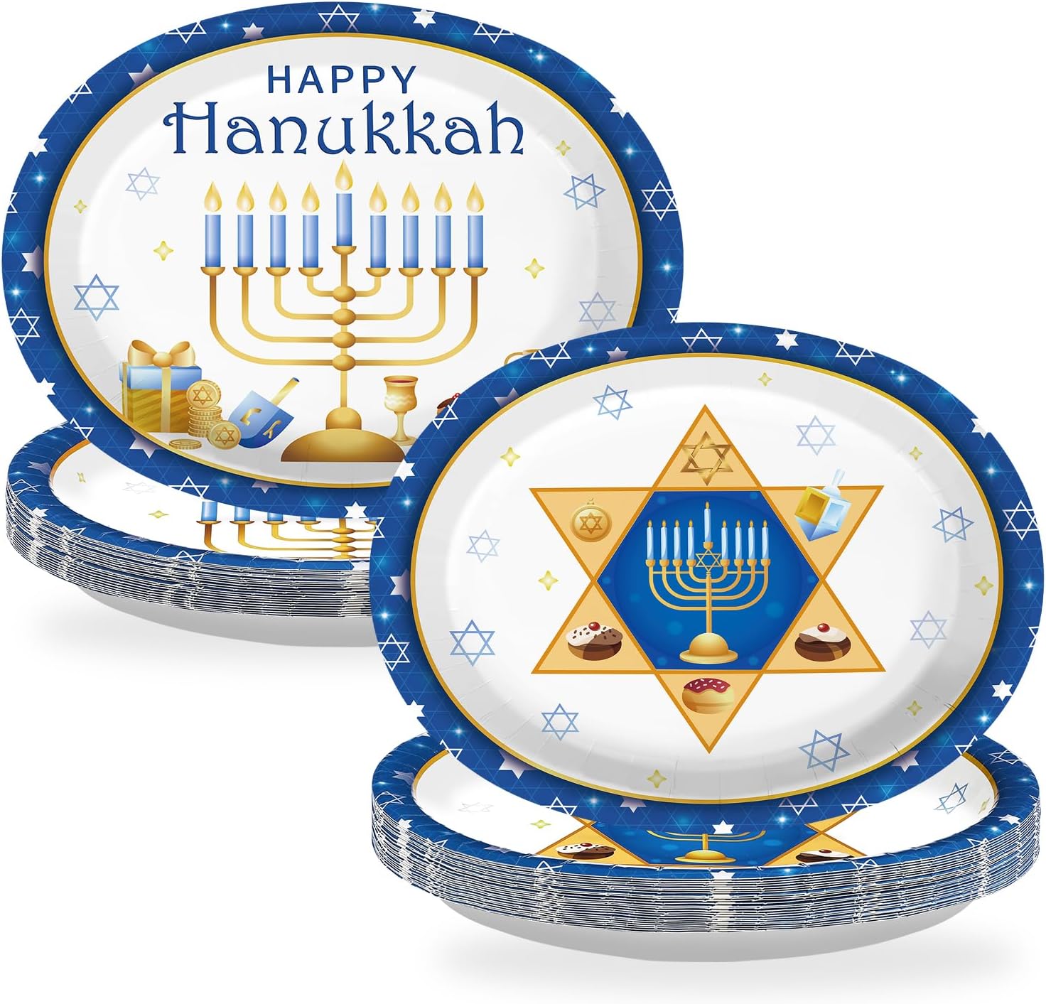 50Pcs Hanukkah Oval Paper Plates 10 x 12 Inch Blue - Grencian