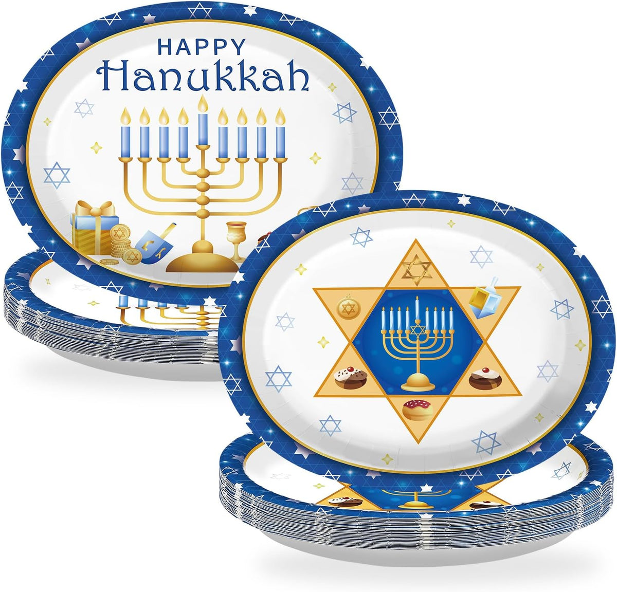 50Pcs Hanukkah Oval Paper Plates 10 x 12 Inch Blue - Grencian