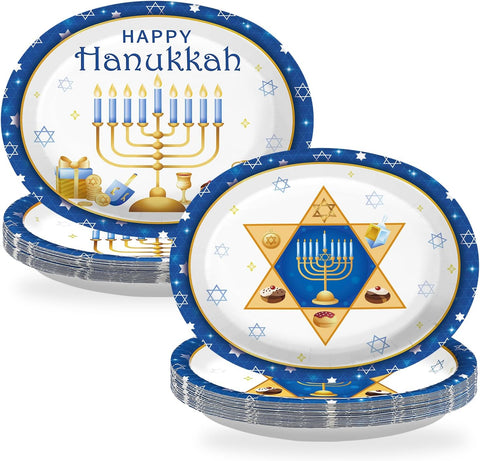 50Pcs Hanukkah Oval Paper Plates 10 x 12 Inch Blue - Grencian