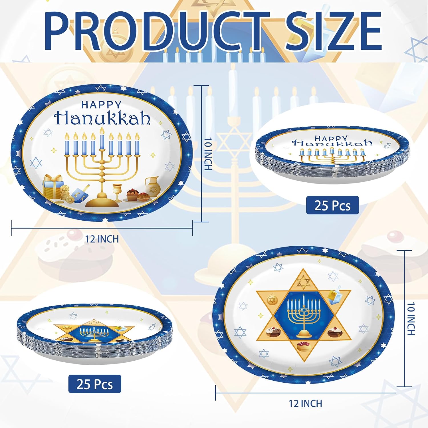 50Pcs Hanukkah Oval Paper Plates 10 x 12 Inch Blue - Grencian