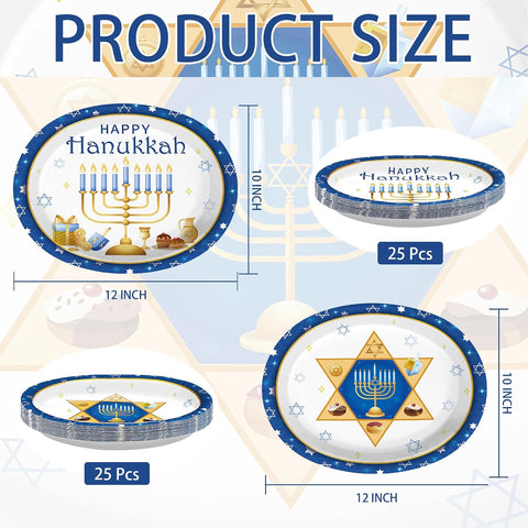 50Pcs Hanukkah Oval Paper Plates 10 x 12 Inch Blue - Grencian