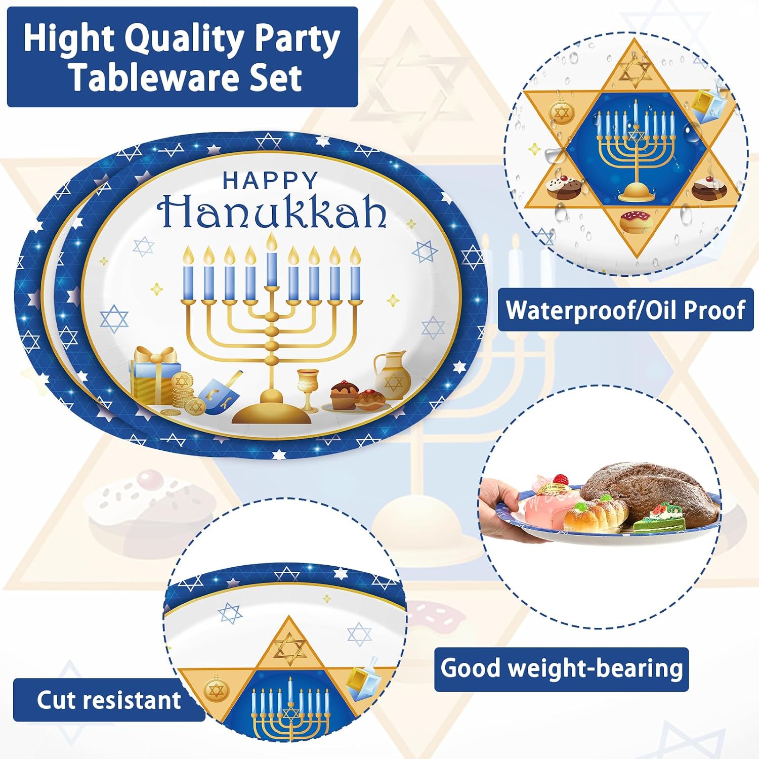 50Pcs Hanukkah Oval Paper Plates 10 x 12 Inch Blue - Grencian
