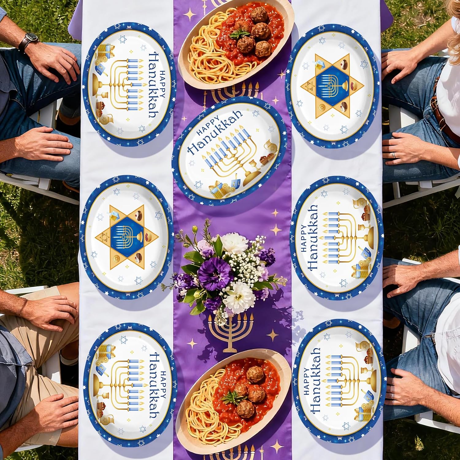 50Pcs Hanukkah Oval Paper Plates 10 x 12 Inch Blue - Grencian