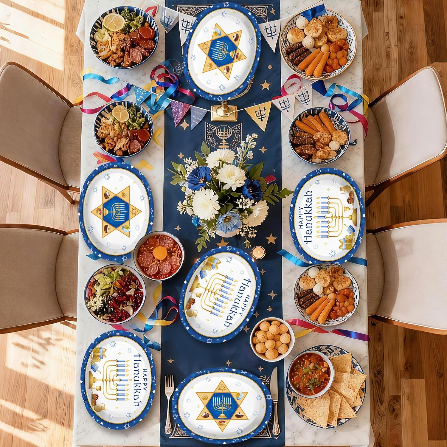 50Pcs Hanukkah Oval Paper Plates 10 x 12 Inch Blue - Grencian