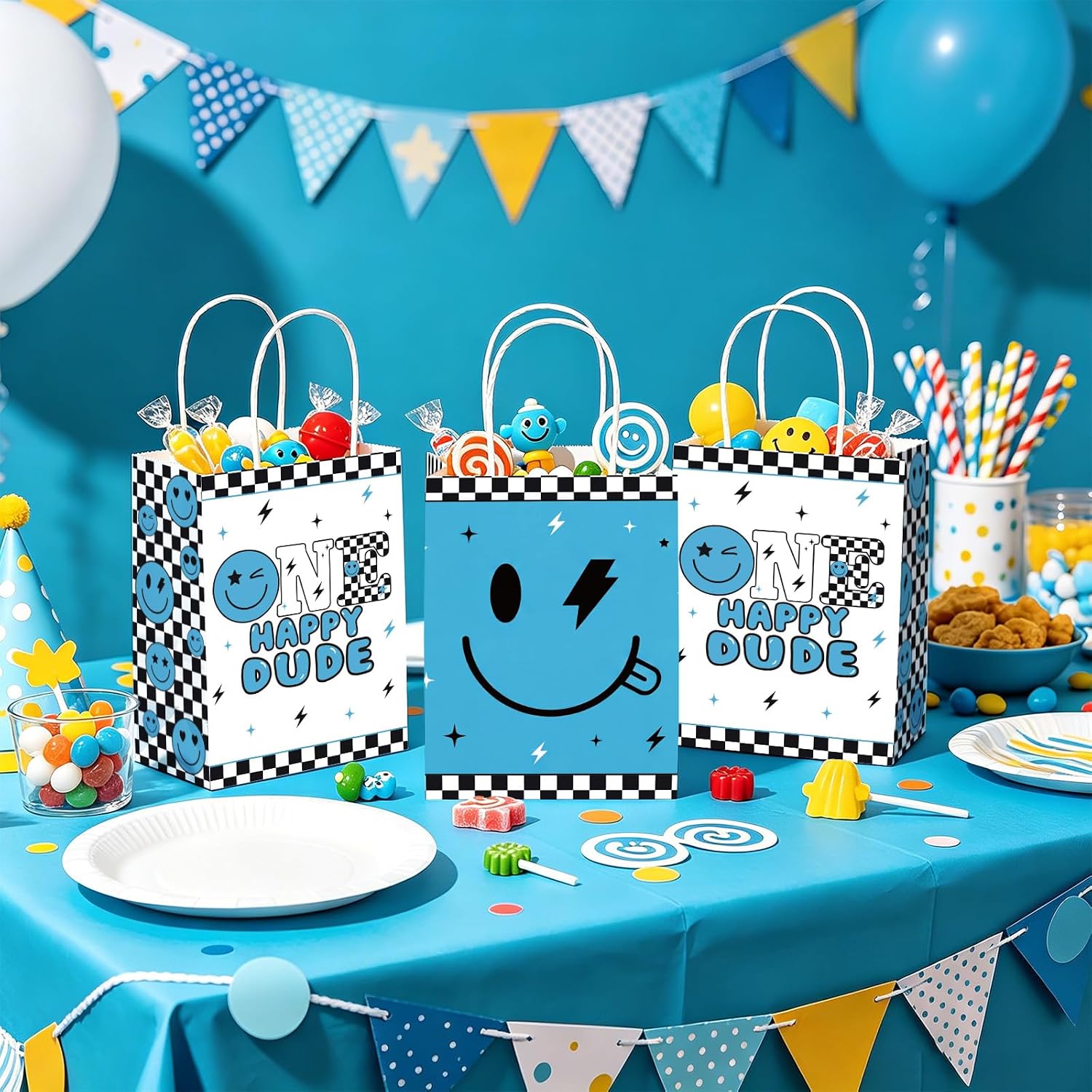 Package contents infographic showing 16 One Happy Dude favor bags