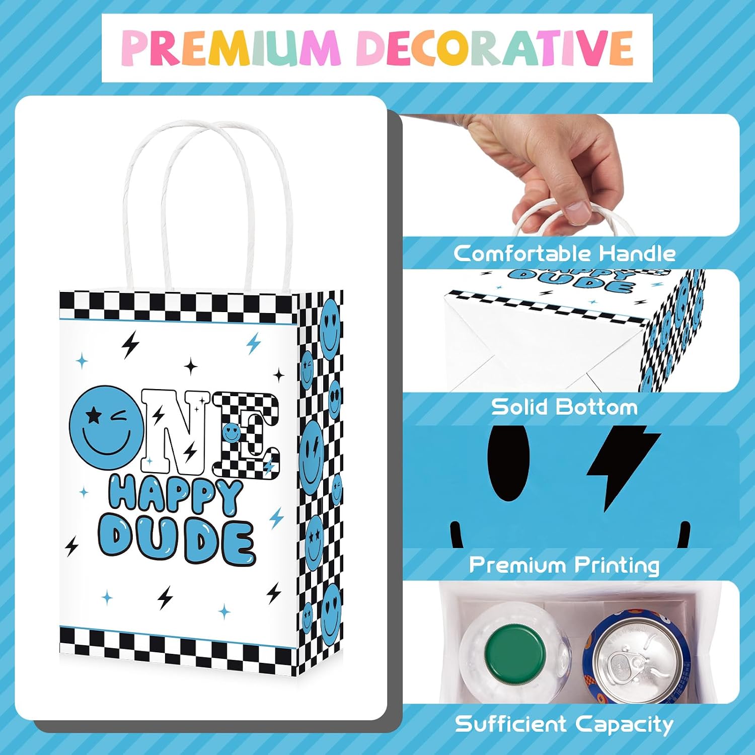 Blue smile face birthday favor bag with black white plaid checkered pattern