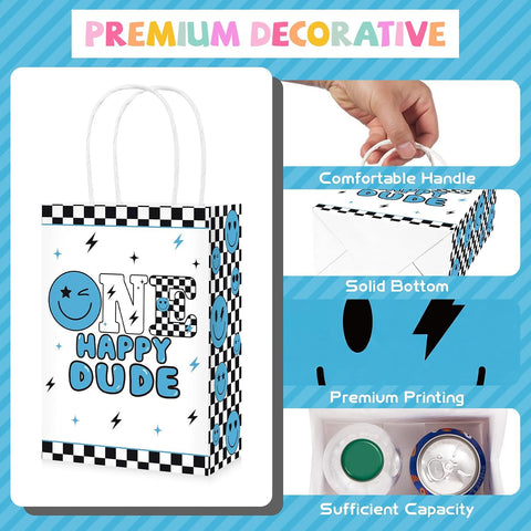 Blue smile face birthday favor bag with black white plaid checkered pattern