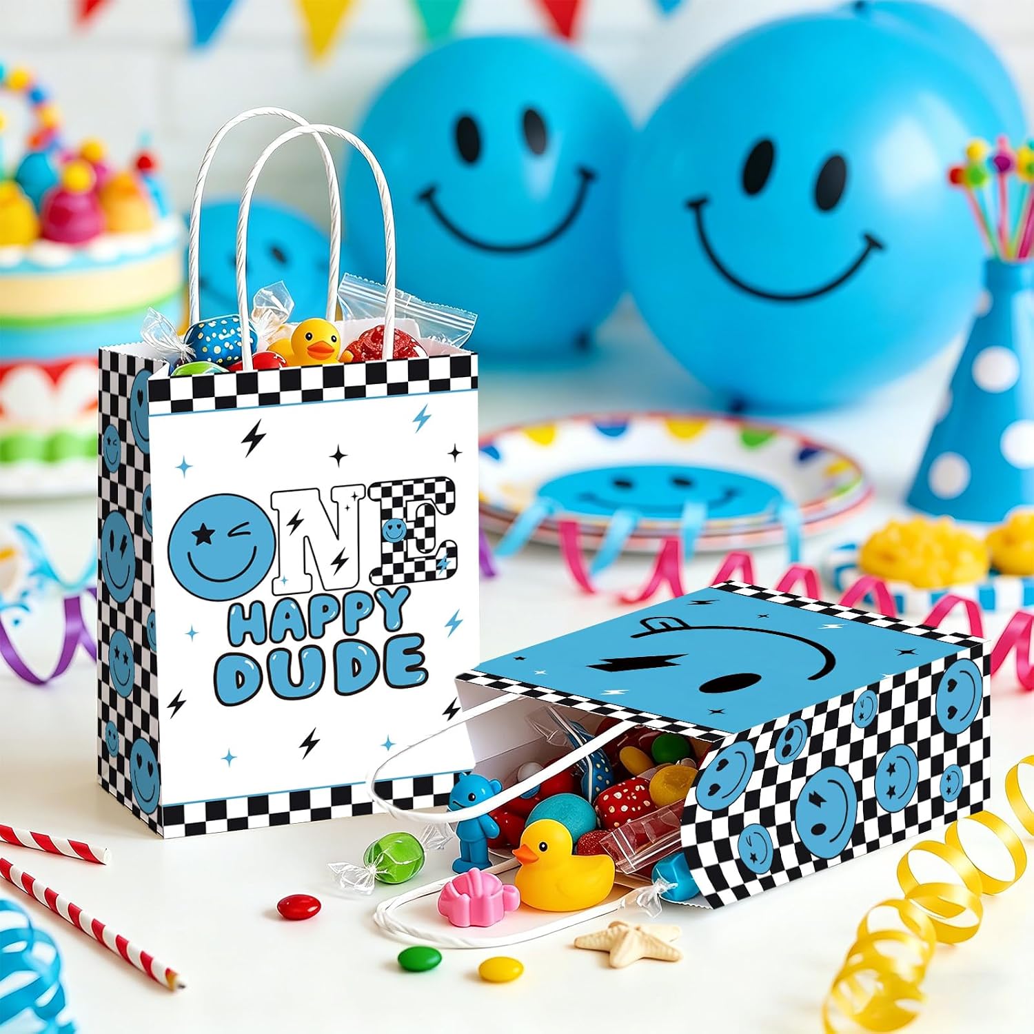 Lifestyle shot of One Happy Dude goodie bags filled with candy and gifts