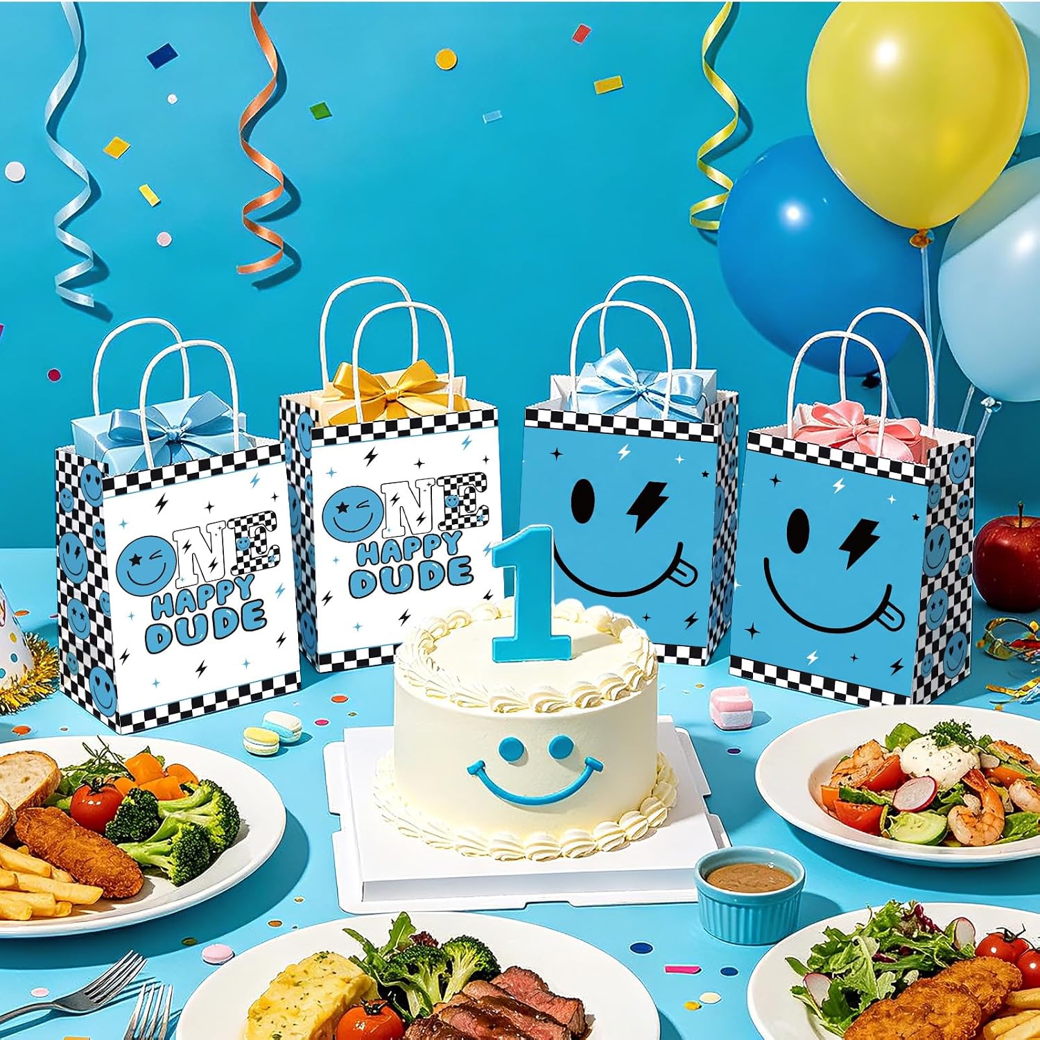 Boys 1st birthday party scene with smile face themed goodie bags