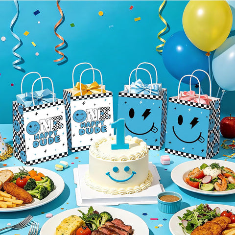 Boys 1st birthday party scene with smile face themed goodie bags