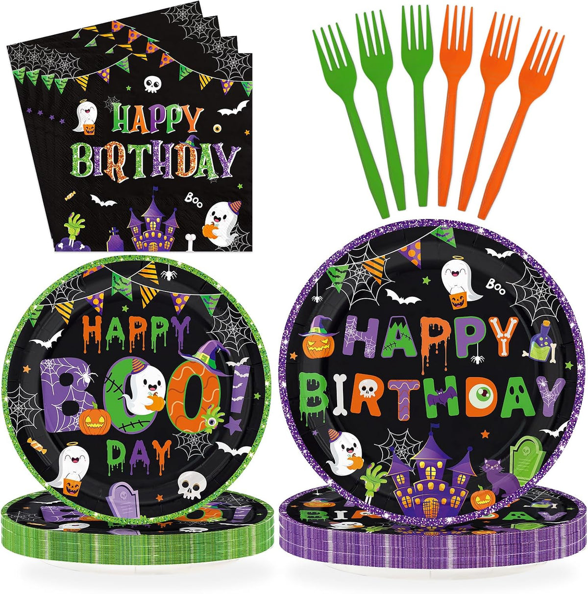 Grencian 96Pcs Happy Boo Day Halloween birthday plates set