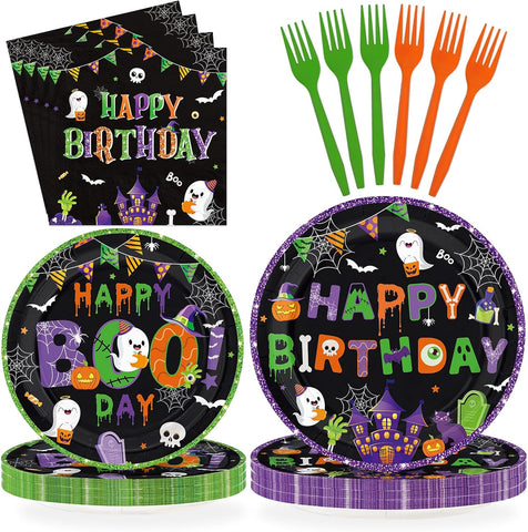 Grencian 96Pcs Happy Boo Day Halloween birthday plates set
