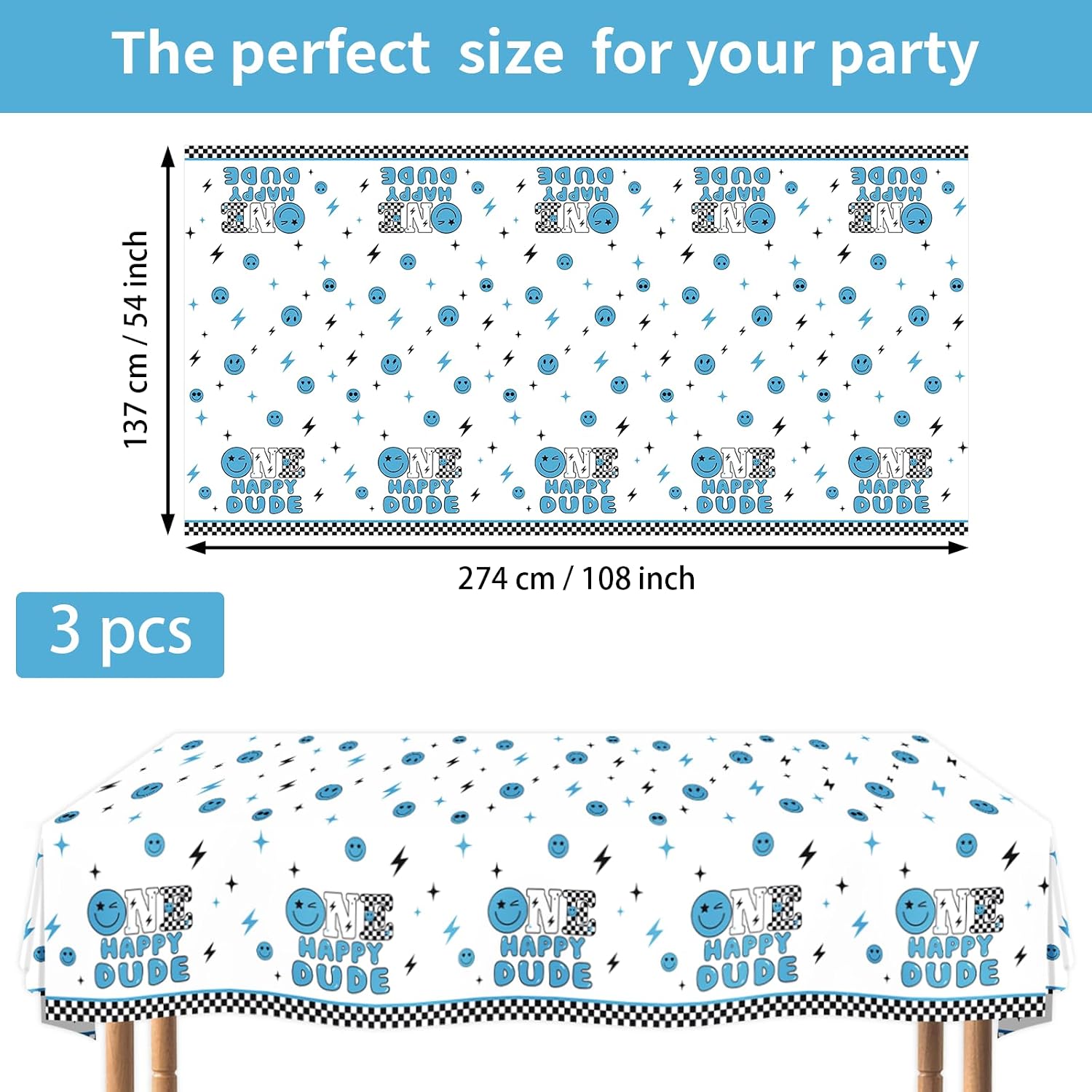 3Pcs One Happy Dude Tablecloth Blue Smile 1st - Grencian