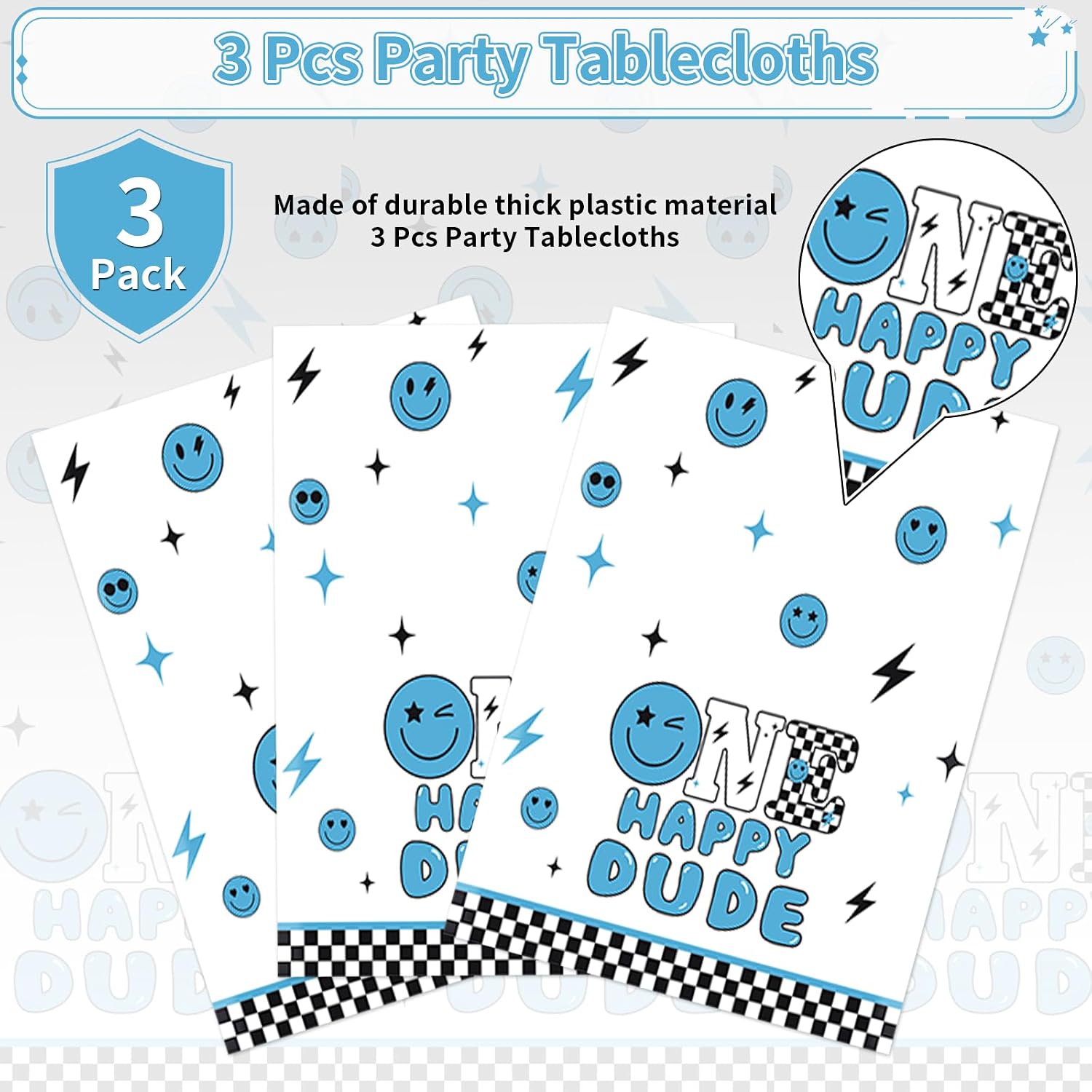 3Pcs One Happy Dude Tablecloth Blue Smile 1st - Grencian