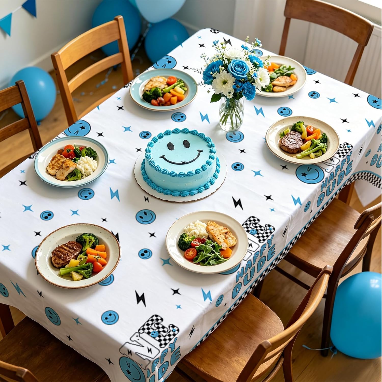 3Pcs One Happy Dude Tablecloth Blue Smile 1st - Grencian