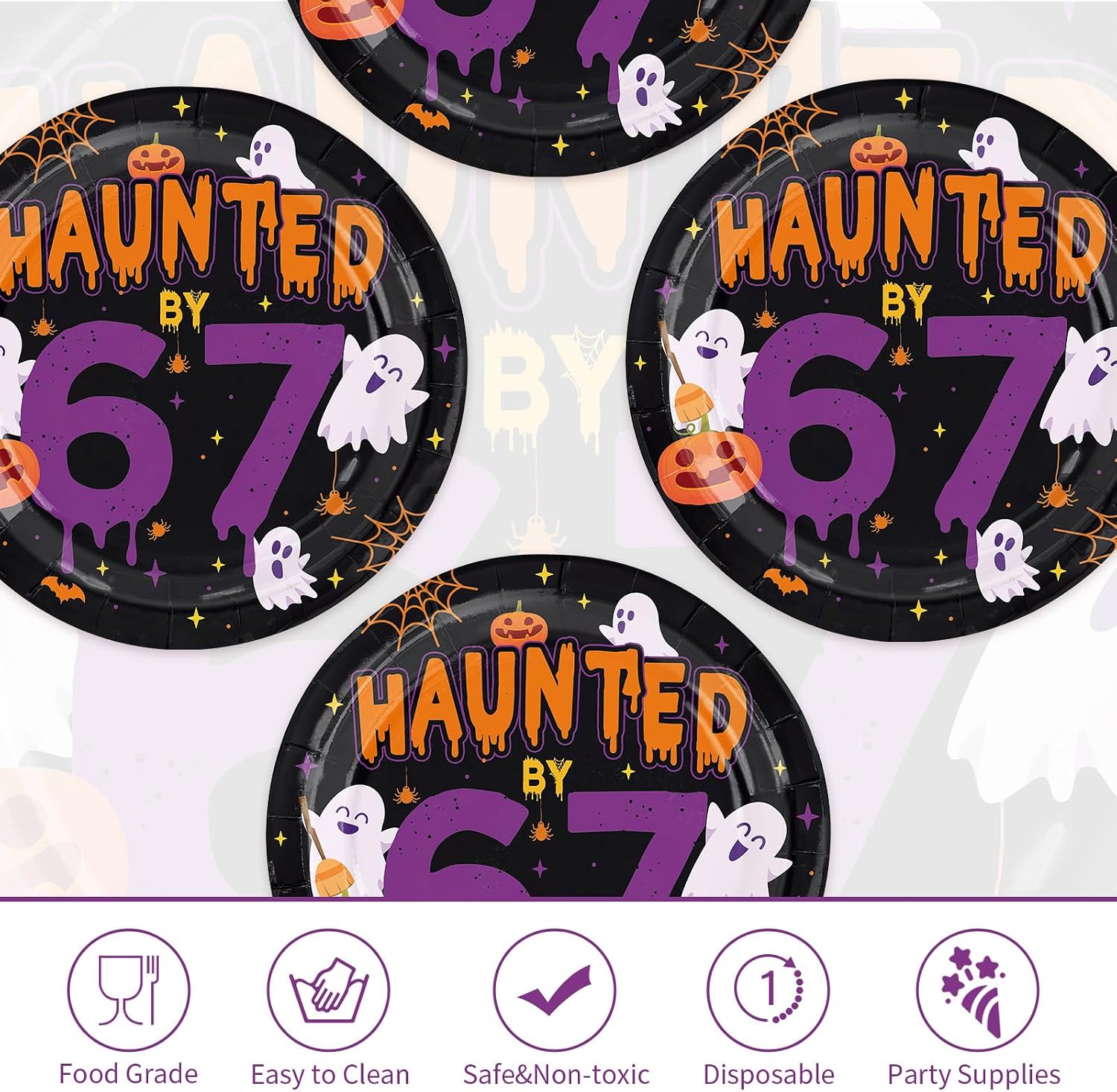 Full stack of 50 Haunted by 67 birthday plates